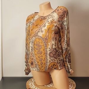 Tucker Blouse ~ Gold & Cream ~ Paisley & Floral Print ~ Silk Top